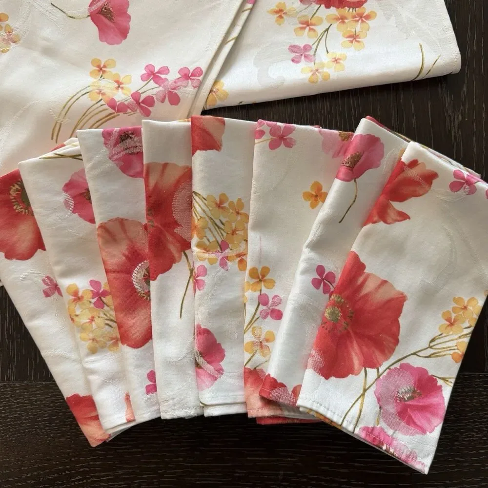 Table Runner & 8 Napkin Set Floral White Red Pink & Yellow Liz Claiborne Spring
